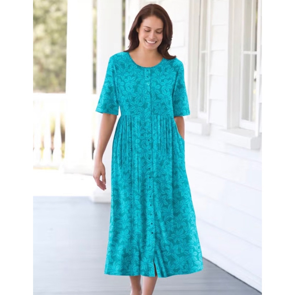 Woman Within Teal Floral Button Front Lounger Dress Pockets Petite M 14/16 NWT